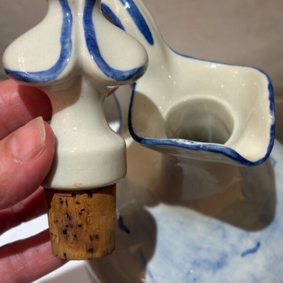 Hand Painted Cruet Wine Pitcher with stopper sailboats Blue/White Made in France - Picture 7 of 8